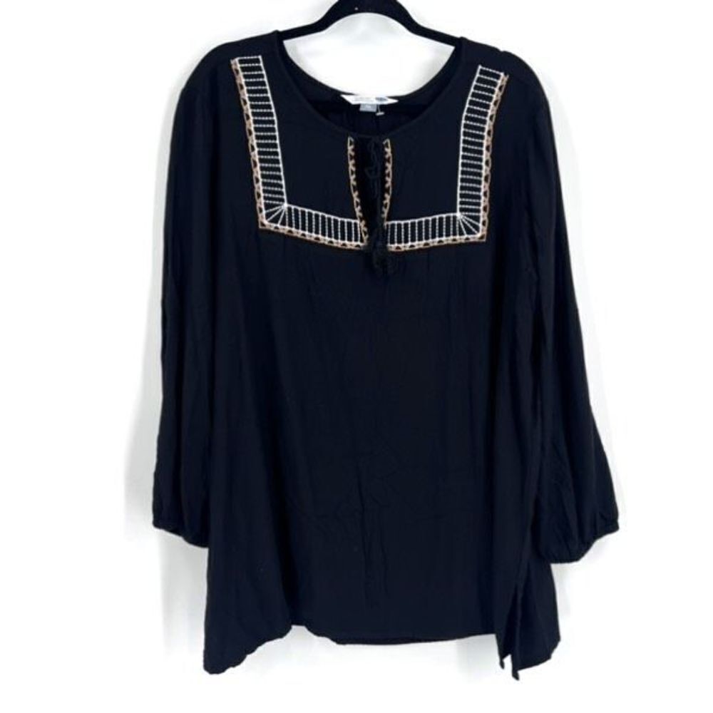Old Navy Women's Boho Embroidered Tassel 3/4 Sleeve Tunic Top Shirt Black Sz 2XL